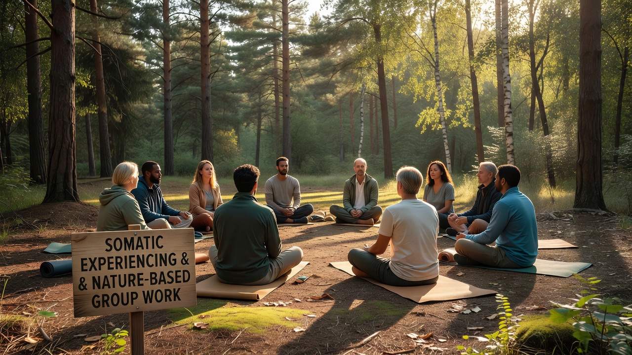 Participants standing in a circle on a grassy hillside practicing grounding techniques with eyes closed during a somatic experiencing session in nature