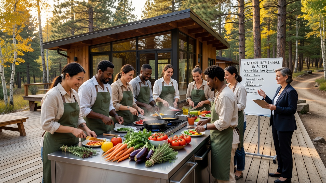 Group preparing a communal meal outdoors during an emotional intelligence workshop in a remote natural setting