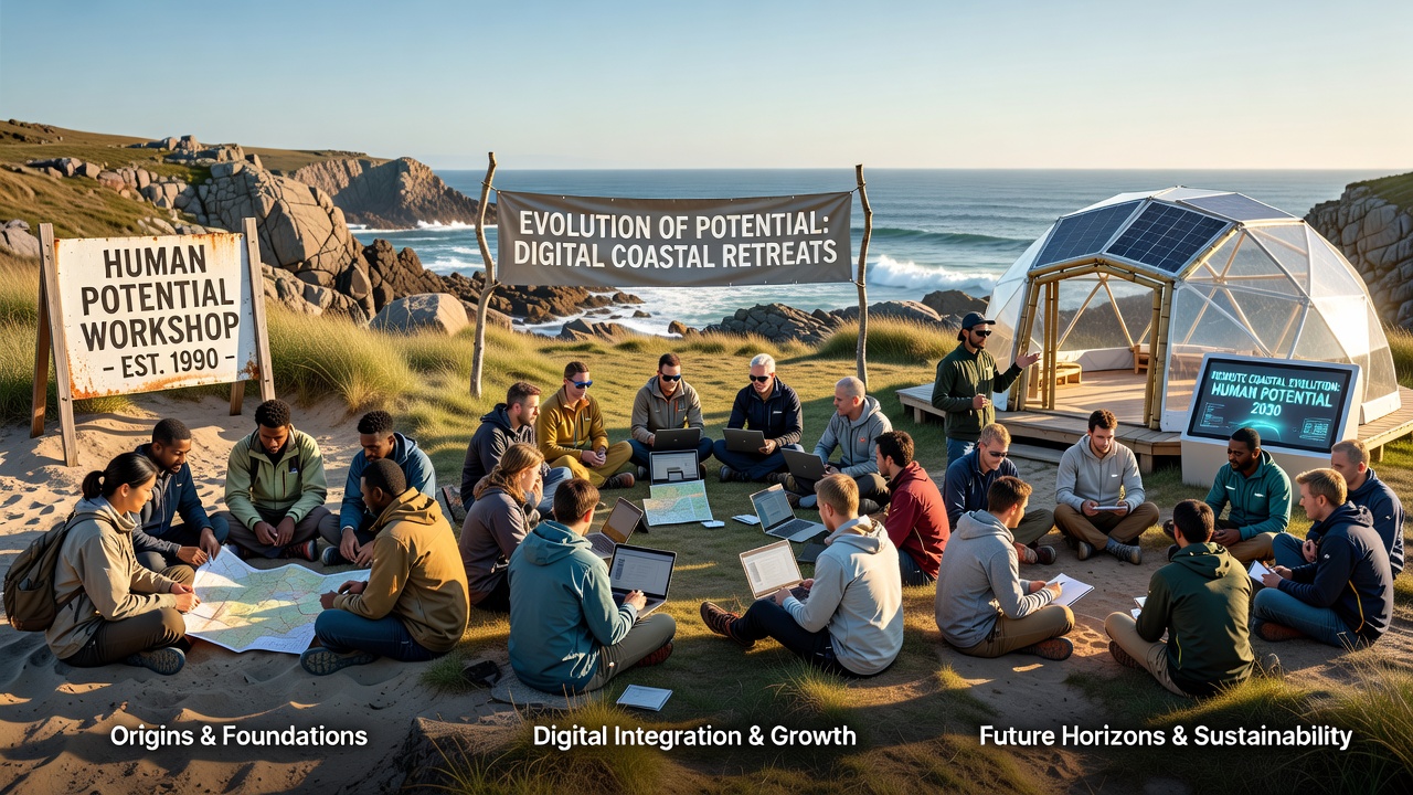 Contemporary workshop group practicing reflective exercises on a secluded coastal beach at sunrise
